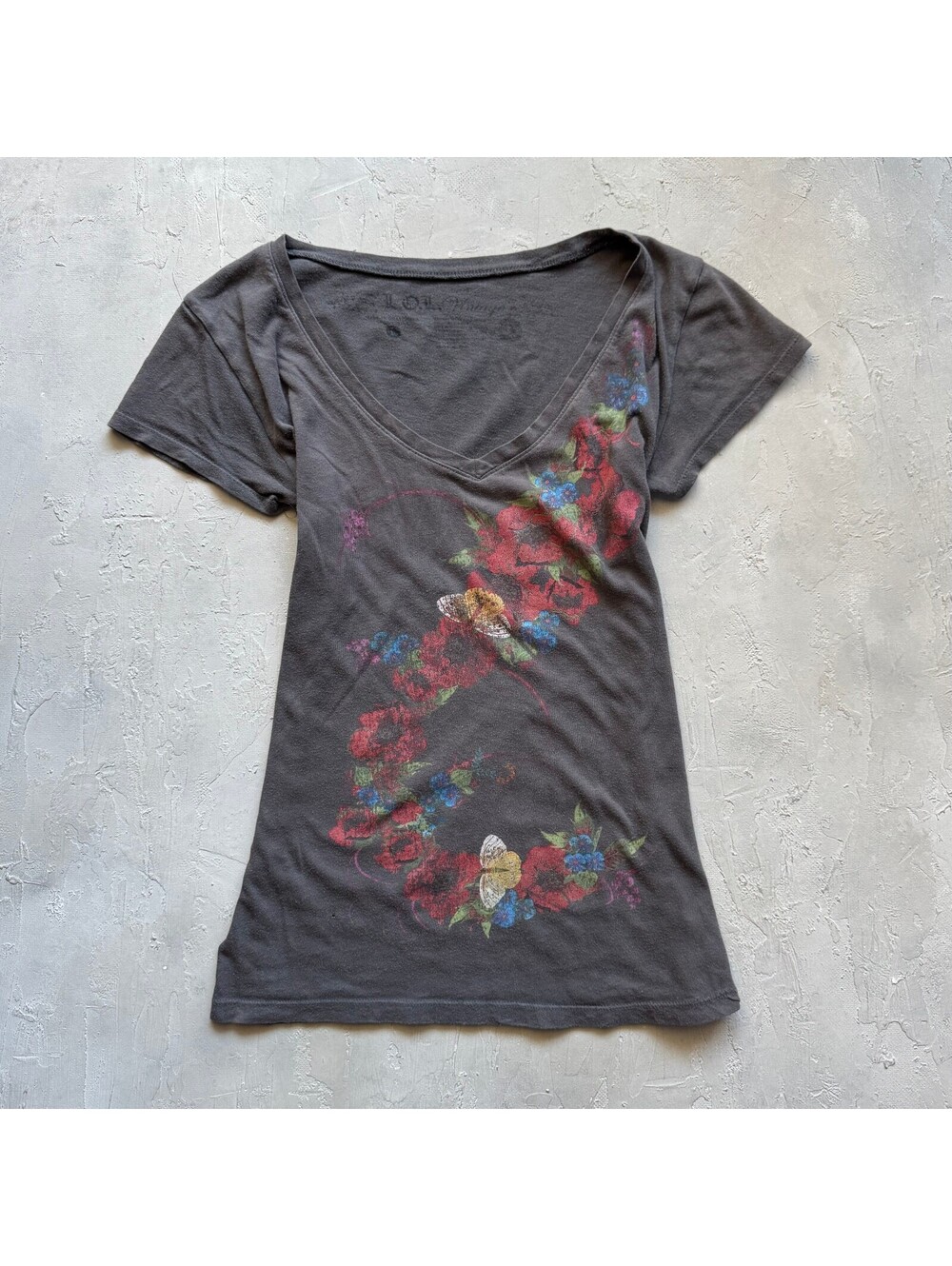 Vintage Y2K Gray Floral Baby Tee Medium Alternative Grunge